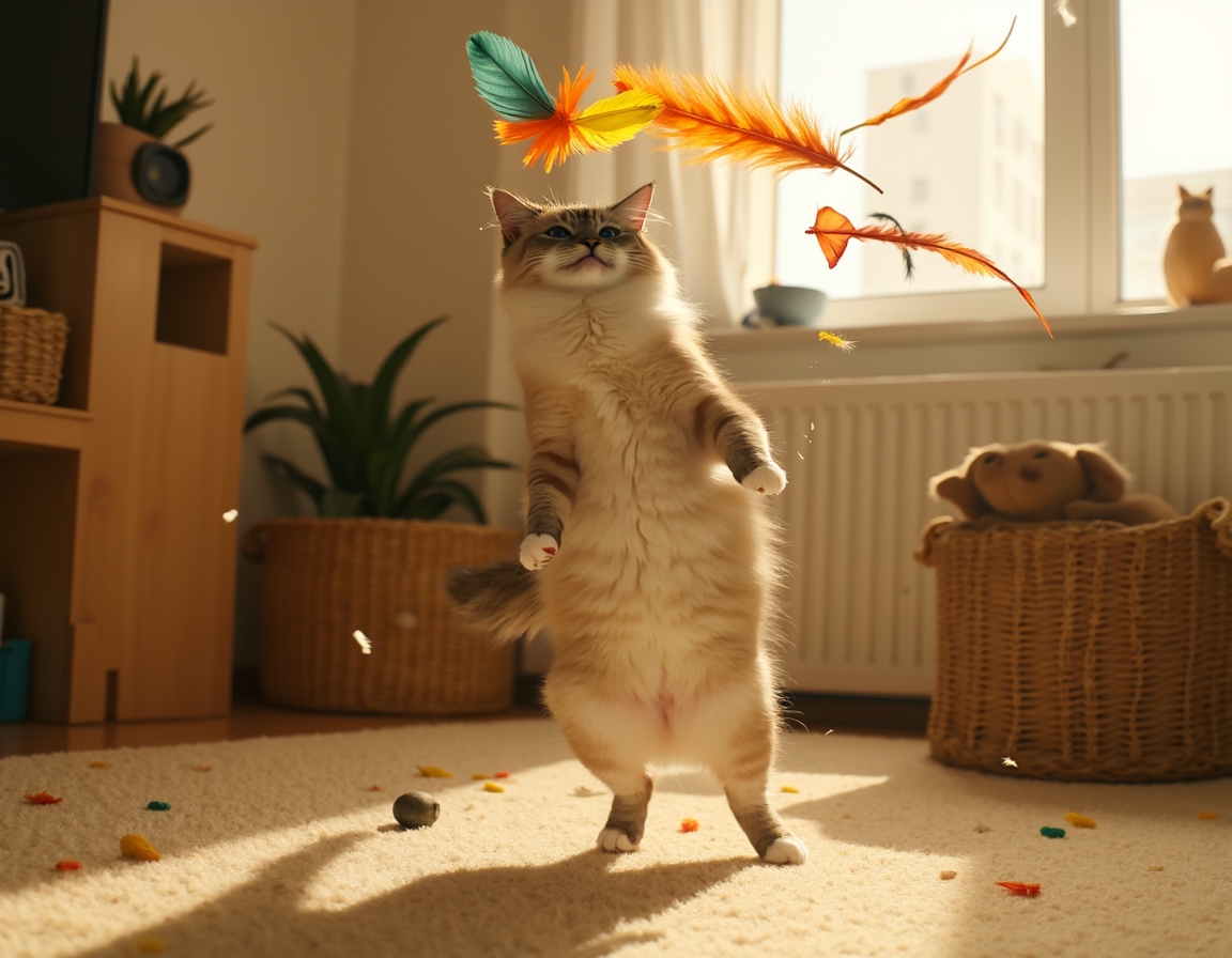 Cat leaps into the air, its paws reaching for a multicolored feather toy that flutters enticingly, bathed in golden sunlight in a cozy room.
